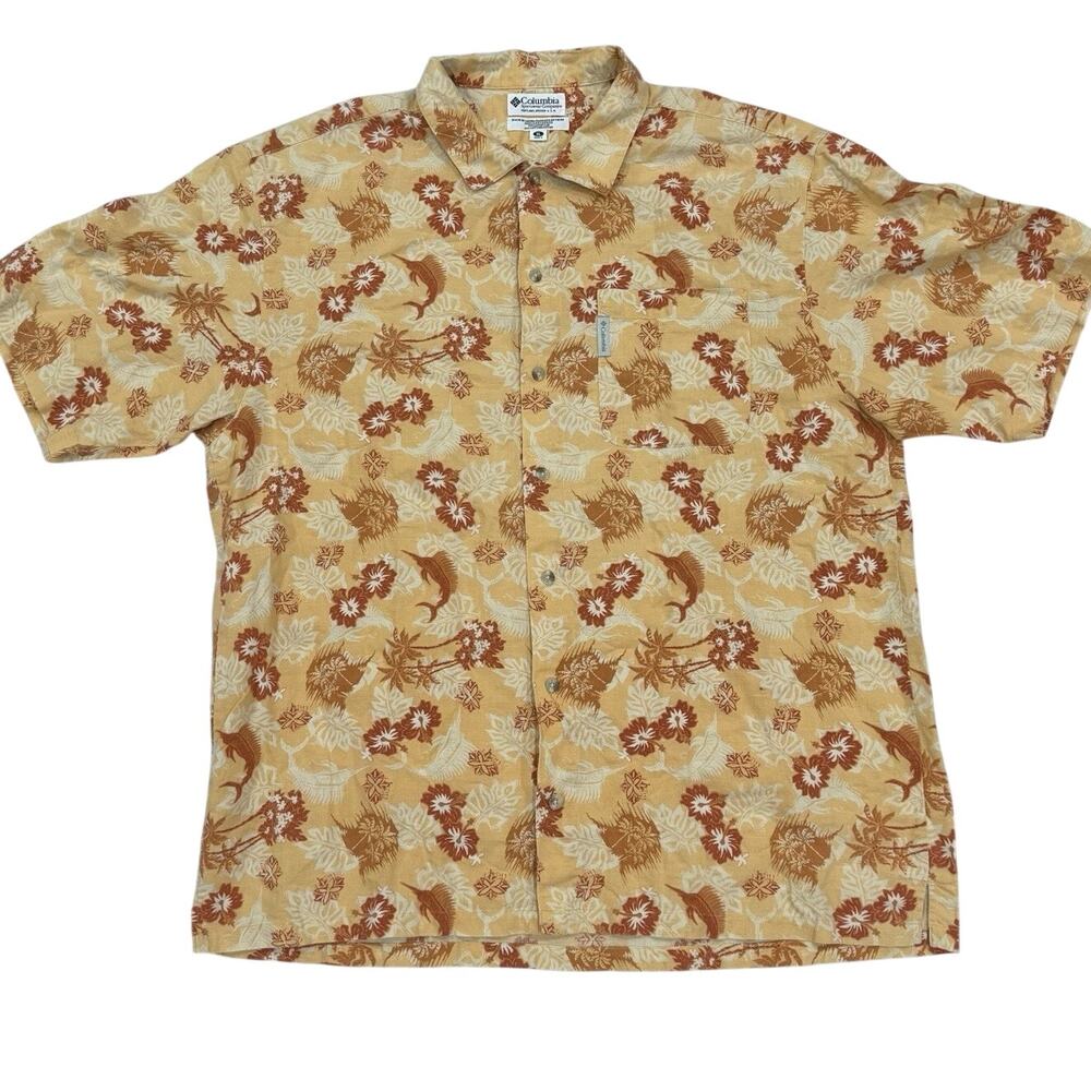 Columbia Aloha Fish Floral Print Shirt Men's XL Orange Linen Cotton
